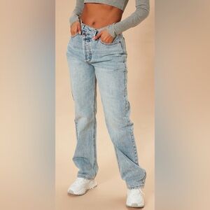 Fashion Nova sz 14 Crossover Straight leg Blue Denim Jeans NWT trendy fall style